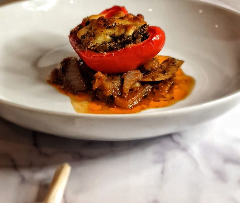 Fonio and meat stuffed pepper